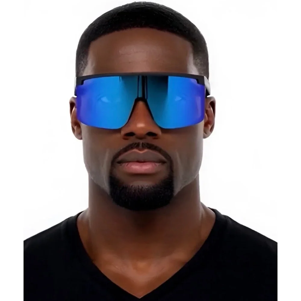 Shield Sunglasses Visor Blue Mirrored Lens Sporty Futuristic Cyclops Style Gafas